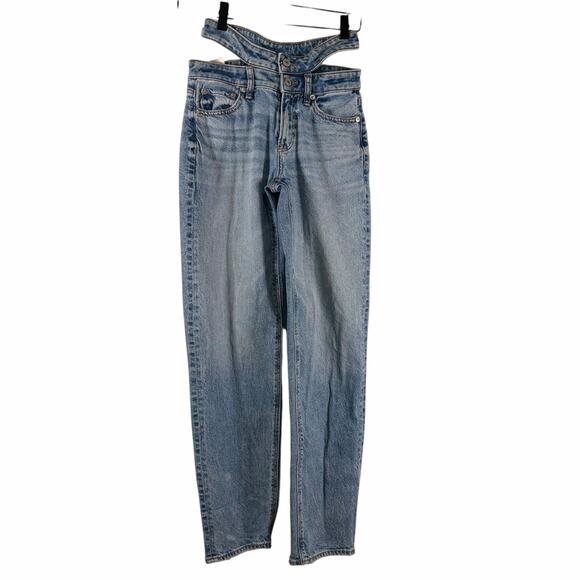 American Eagle Super High Rise Baggy Straight Jeans Mid Wash Womens Size 000 - Picture 2 of 13